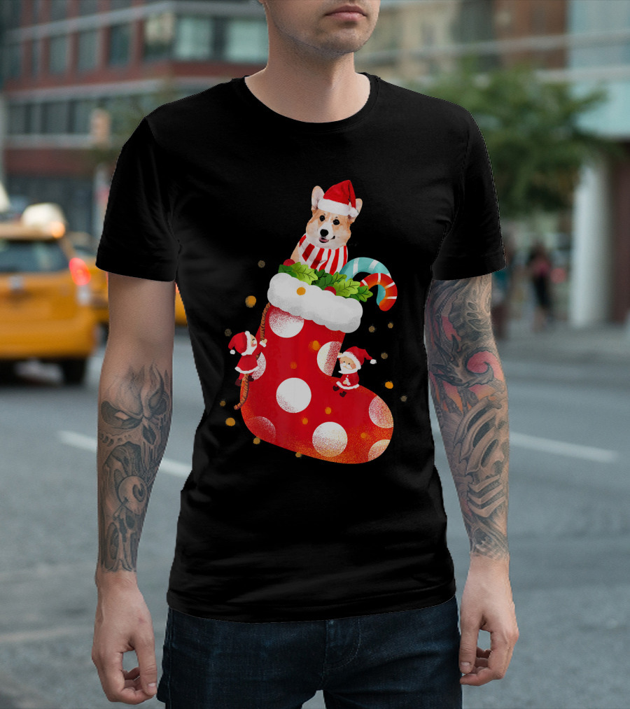 Christmas Corgi Dog In Santa Hat And Striped Scarf In Festive Stocking With Candy Cane T-Shirt