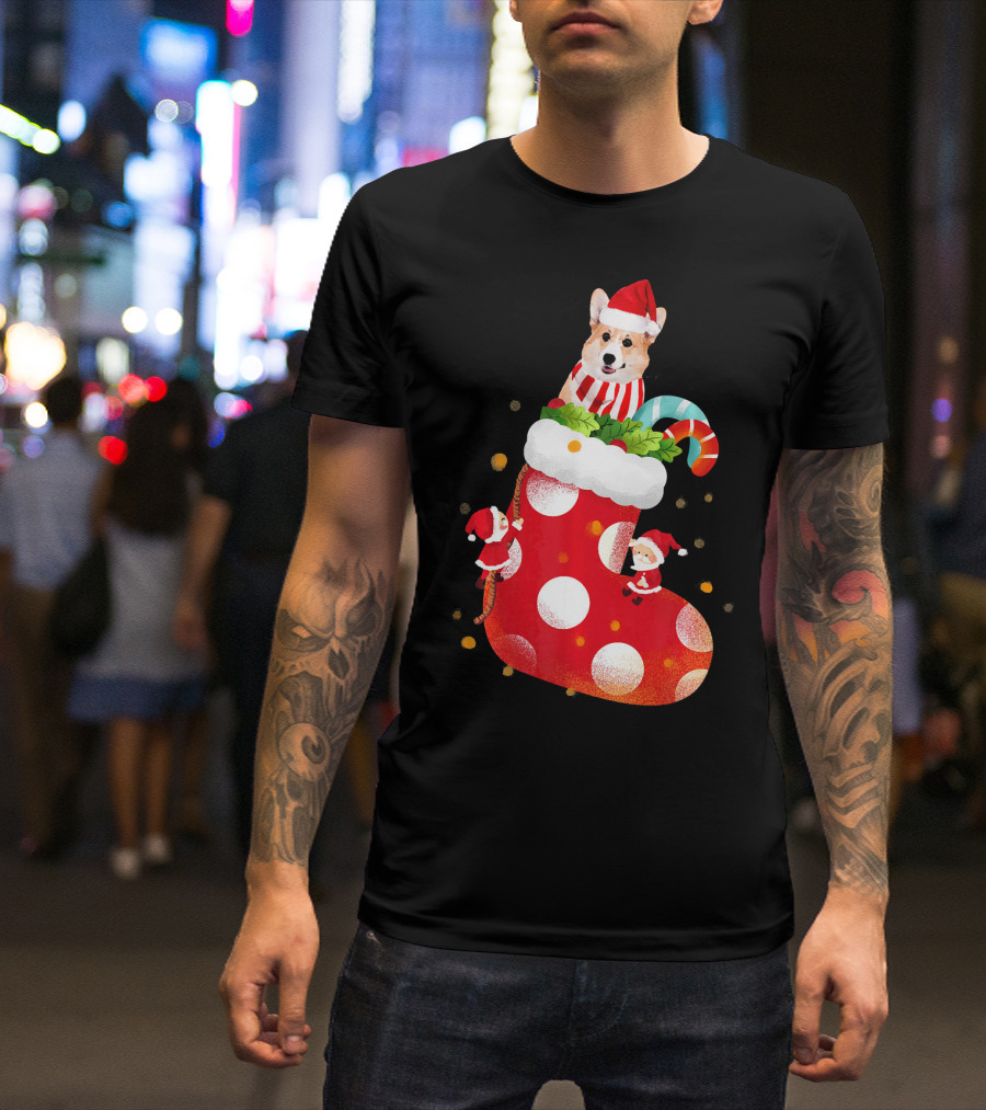 Christmas Corgi Dog In Santa Hat And Striped Scarf In Festive Stocking With Candy Cane T-Shirt