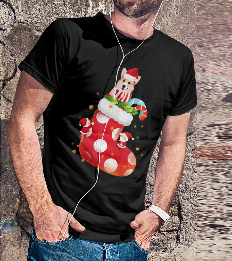 Christmas Corgi Dog In Santa Hat And Striped Scarf In Festive Stocking With Candy Cane T-Shirt