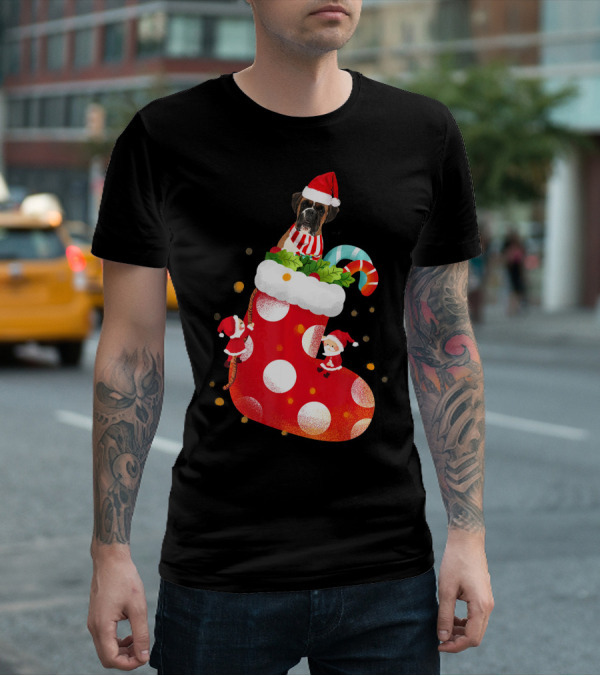 Christmas Boxer Dog Inside Santa Hat Sock With Candy Cane T-Shirt