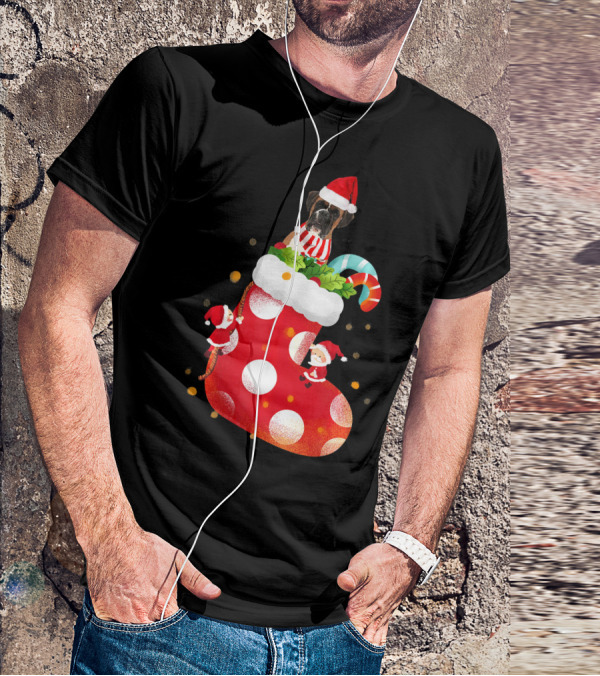 Christmas Boxer Dog Inside Santa Hat Sock With Candy Cane T-Shirt