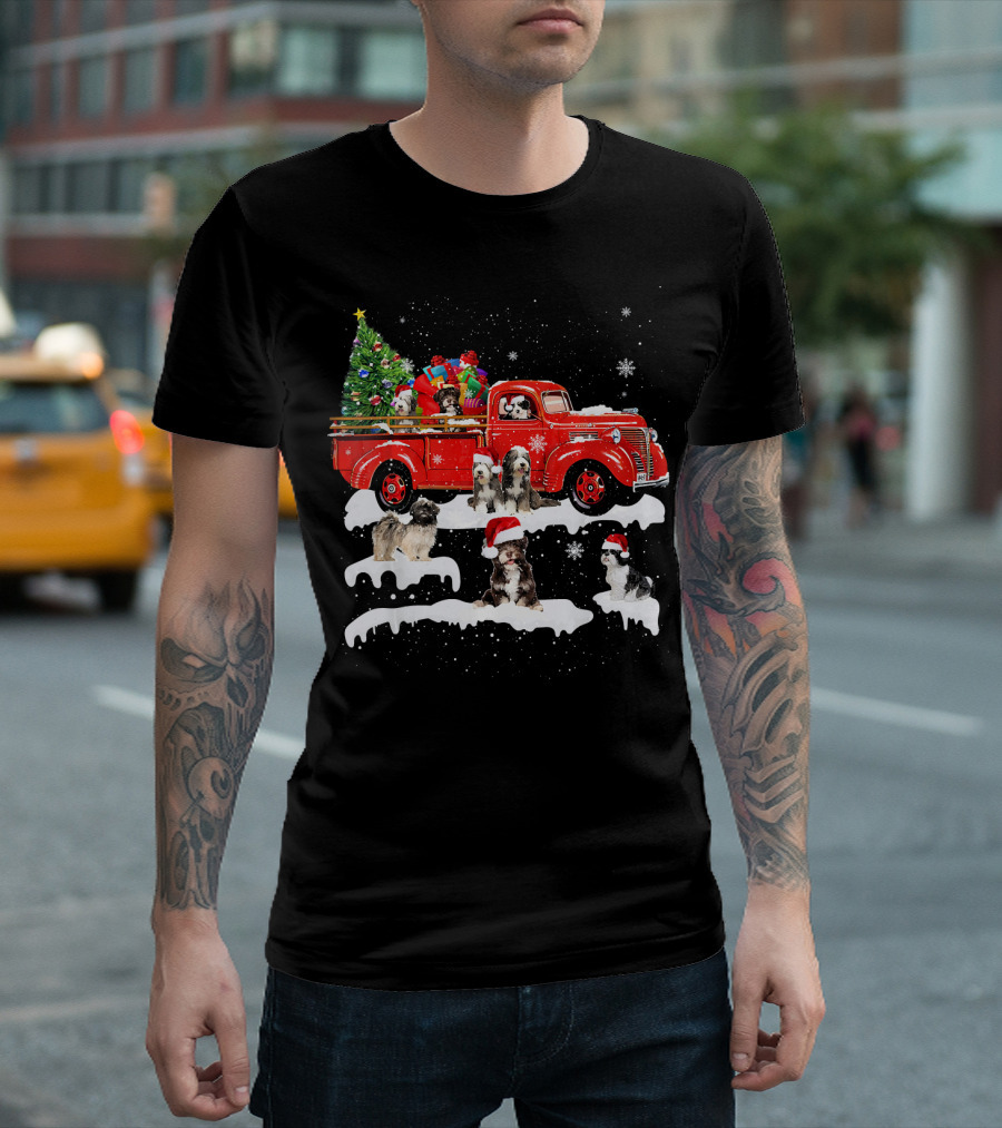 Tibetan Terrier Santa Hats Riding Red Truck with Christmas Tree and Gifts Snowflakes T-Shirt