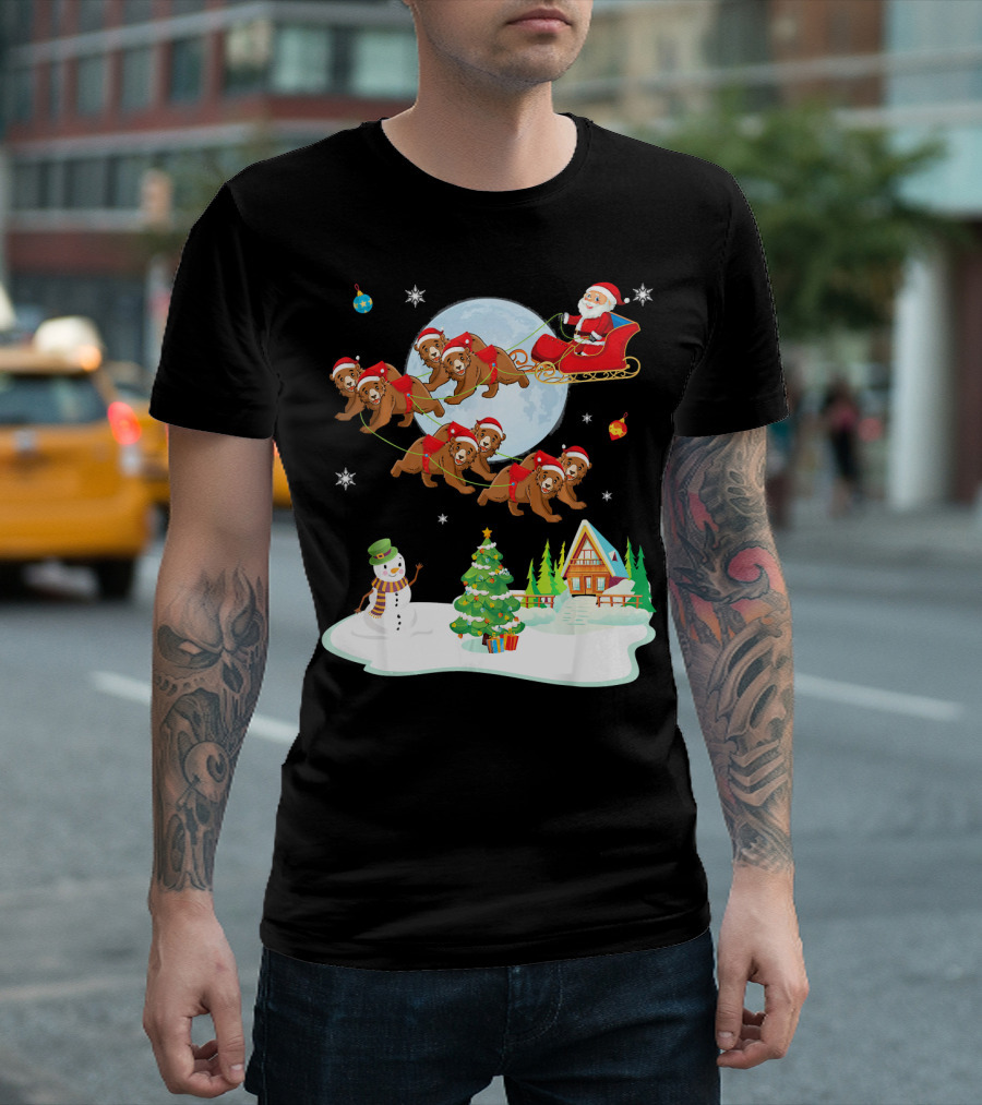 Santa Claus Sleigh With Bears And Snowman By Moonlit Cabin Noel T-Shirt
