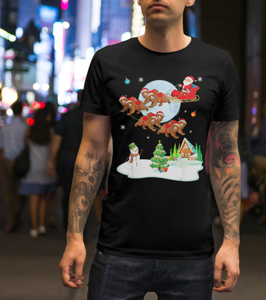 Santa Claus Sleigh With Bears And Snowman By Moonlit Cabin Noel T-Shirt