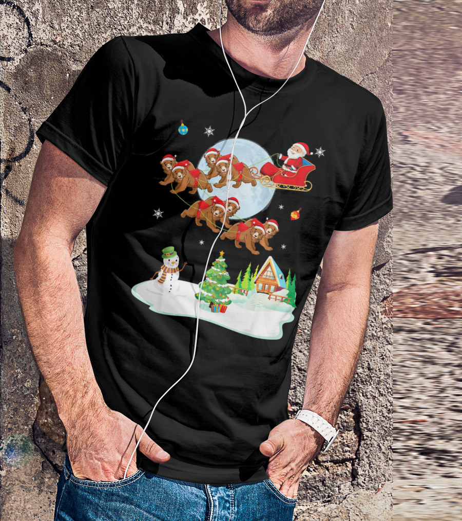 Santa Claus Sleigh With Bears And Snowman By Moonlit Cabin Noel T-Shirt