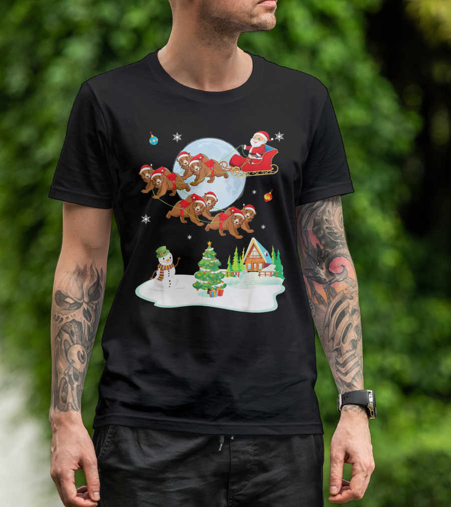 Santa Claus Sleigh With Bears And Snowman By Moonlit Cabin Noel T-Shirt