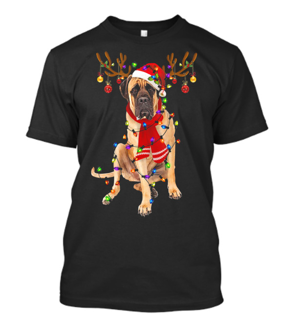 English Mastiff Christmas Lights Reindeer Antlers Santa Hat Scarf T-Shirt