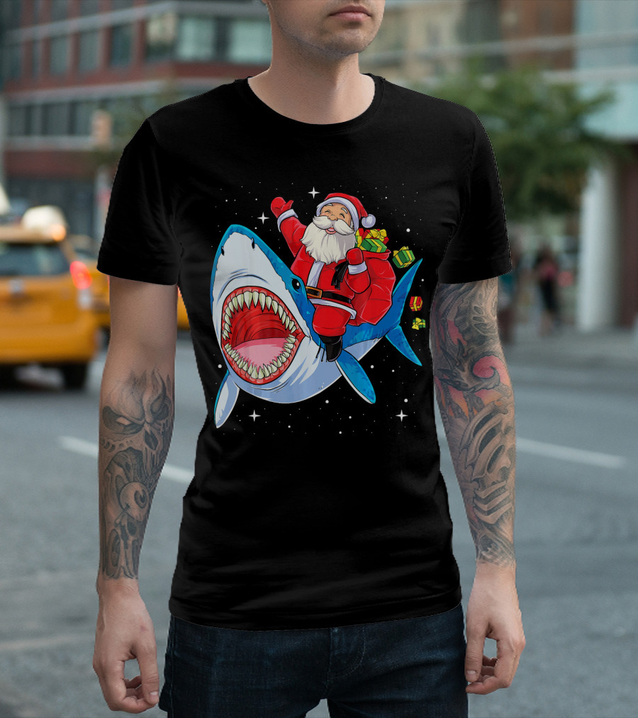 Christmas Kids Santa Riding Shark with Gifts T-Shirt
