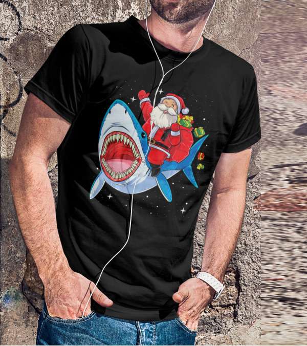 Christmas Kids Santa Riding Shark With Gifts T-Shirt