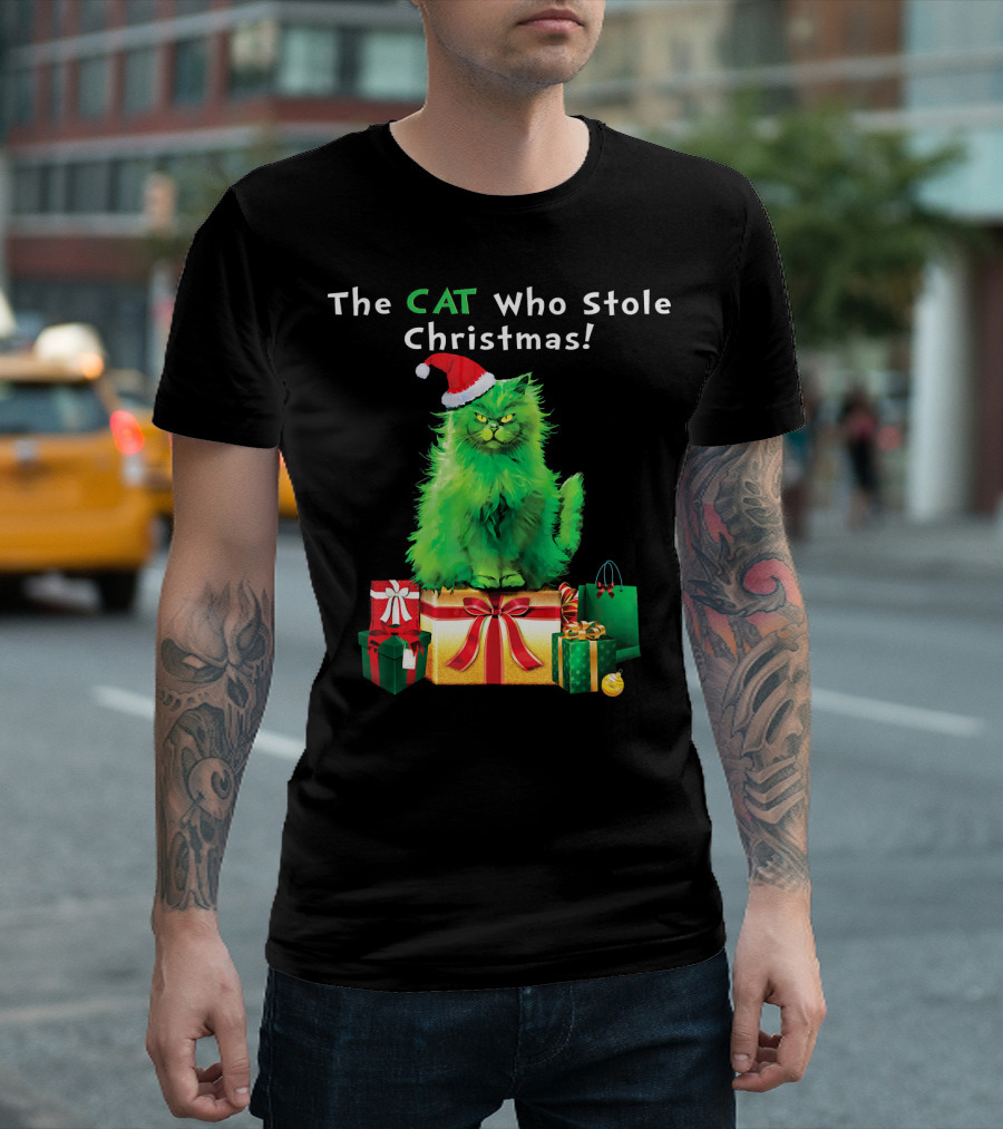 The CAT Who Stole Christmas Holiday Purr With Santa Hat And Gifts T-Shirt