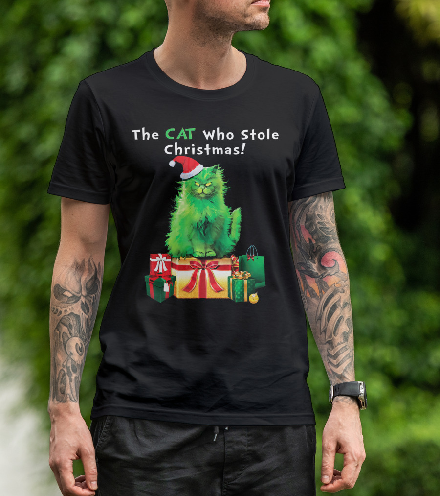 The CAT Who Stole Christmas Holiday Purr With Santa Hat And Gifts T-Shirt
