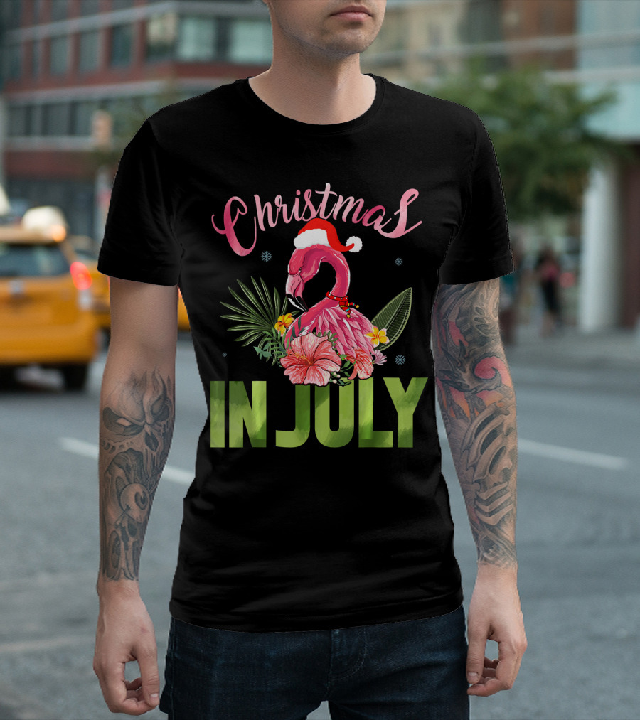 Christmas in July Cute Santa Hat Flamingo Summer T-Shirt