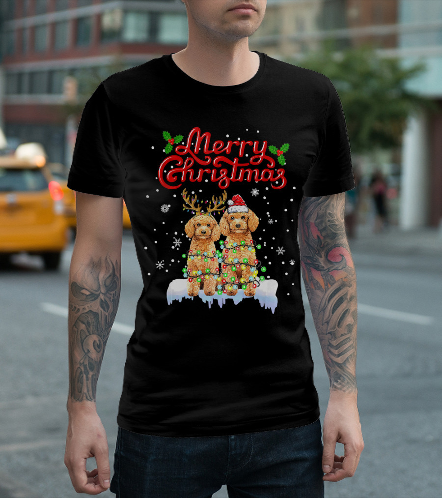 Merry Christmas Poodle Lights Funny Dog Matching T-Shirt