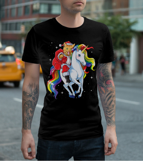 Cat Santa Riding Rainbow Unicorn Christmas Girl T-Shirt