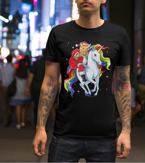 Cat Santa Riding Rainbow Unicorn Christmas Girl T-Shirt