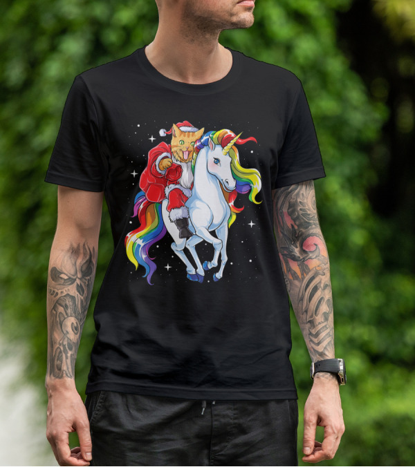 Cat Santa Riding Rainbow Unicorn Christmas Girl T-Shirt