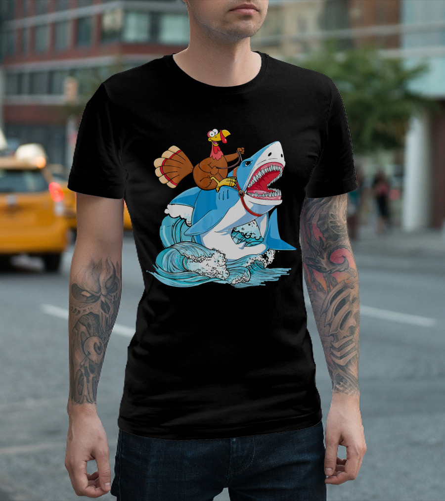 Dabbing Turkey Riding Great White Shark Waves T-Shirt