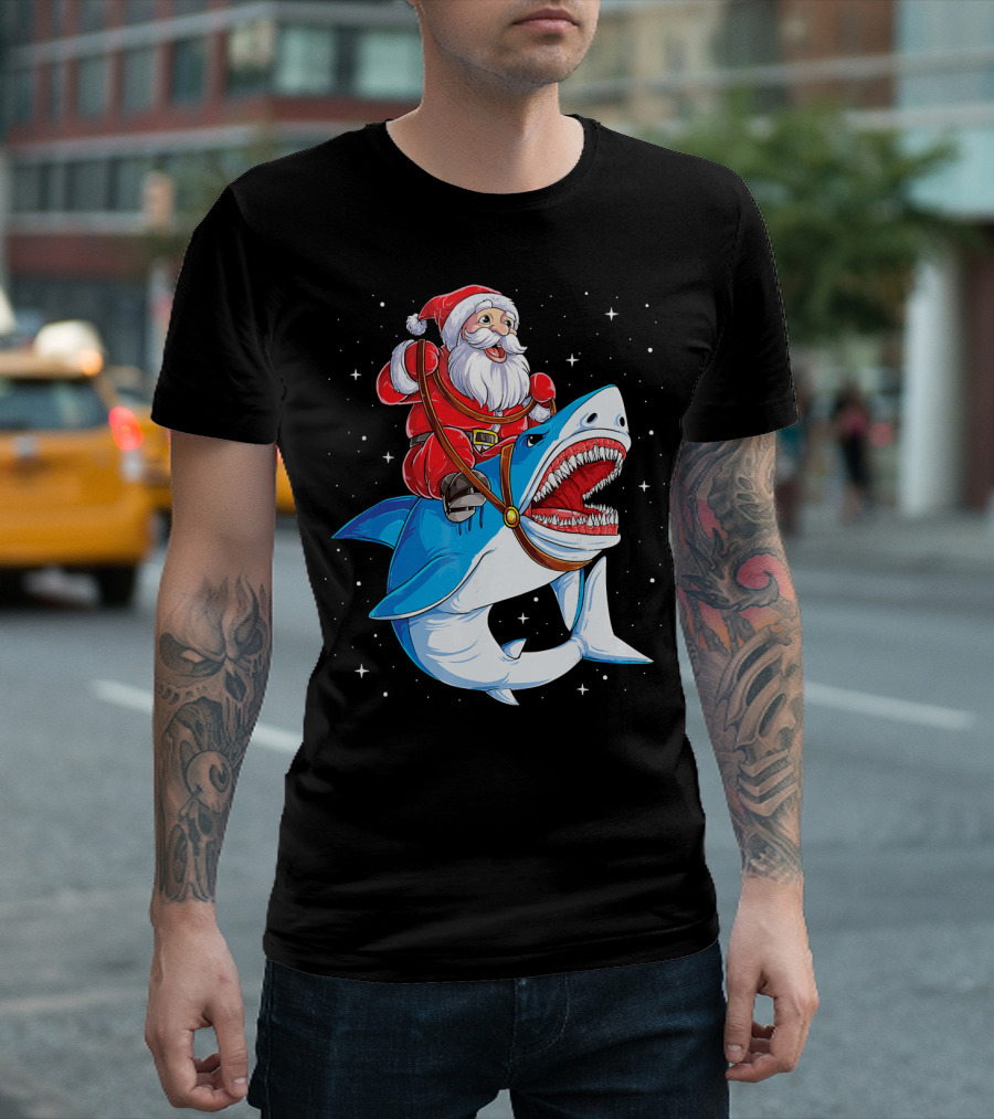 Santa Riding Shark Christmas Boys Santa Shark T-Shirt