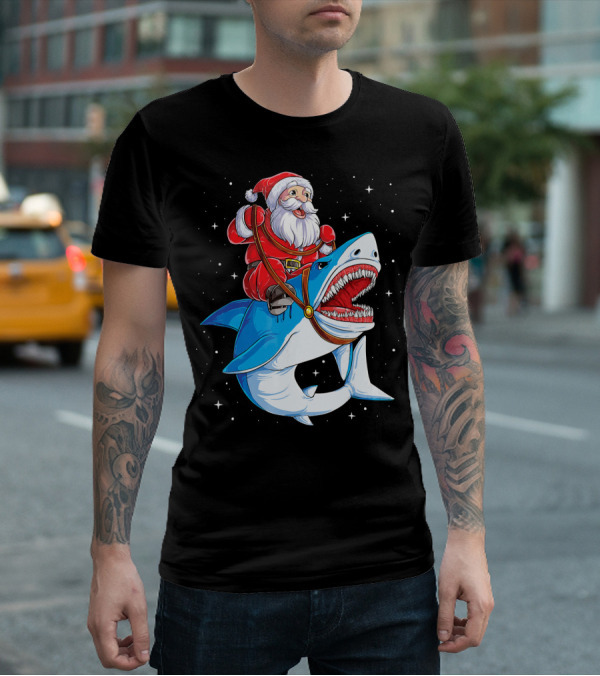 Santa Riding Shark Christmas Boys Santa Shark T-Shirt