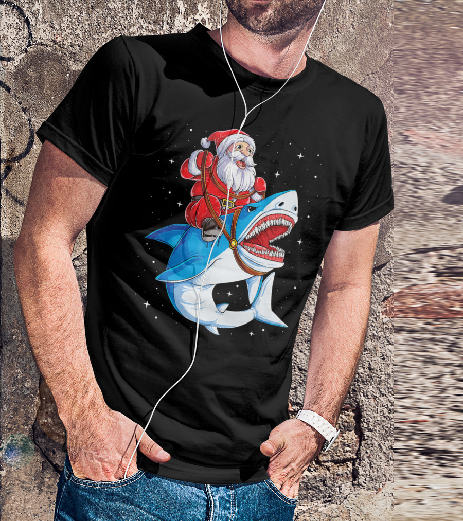 Santa Riding Shark Christmas Boys Santa Shark T-Shirt