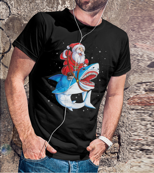 Santa Riding Shark Christmas Boys Santa Shark T-Shirt