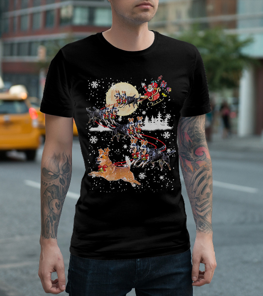 Heeler Reindeer Santa Sleigh Christmas Moon Dog T-Shirt