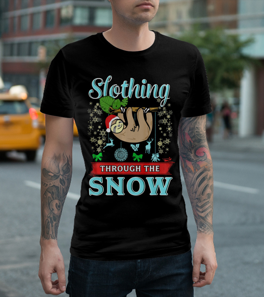 Slothing Through the Snow Cute Christmas Sloth with Santa Hat and Snowflakes T-Shirt