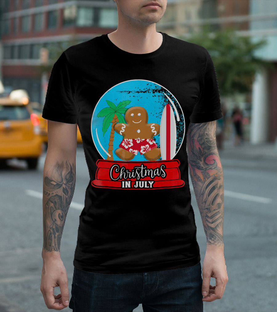 Christmas In July Surfing Gingerbread Snow Globe T-Shirt