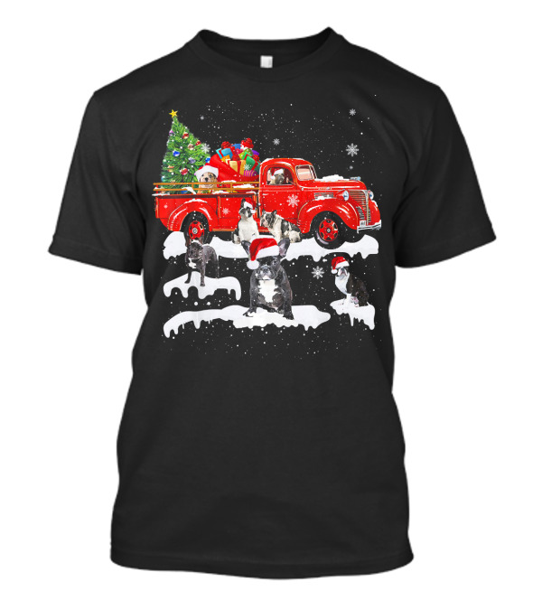 French Bulldog Christmas Red Truck With Santa Hats And Gifts T-Shirt