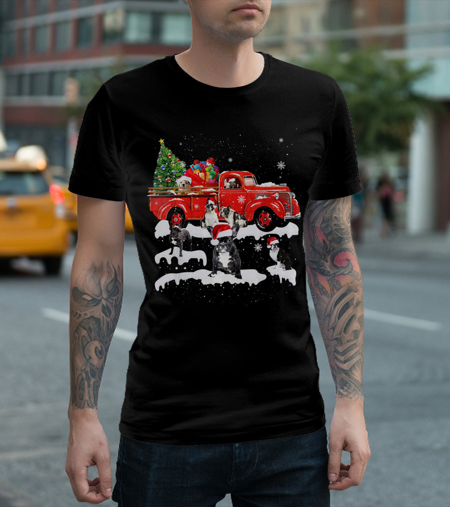 French Bulldog Christmas Red Truck With Santa Hats And Gifts T-Shirt