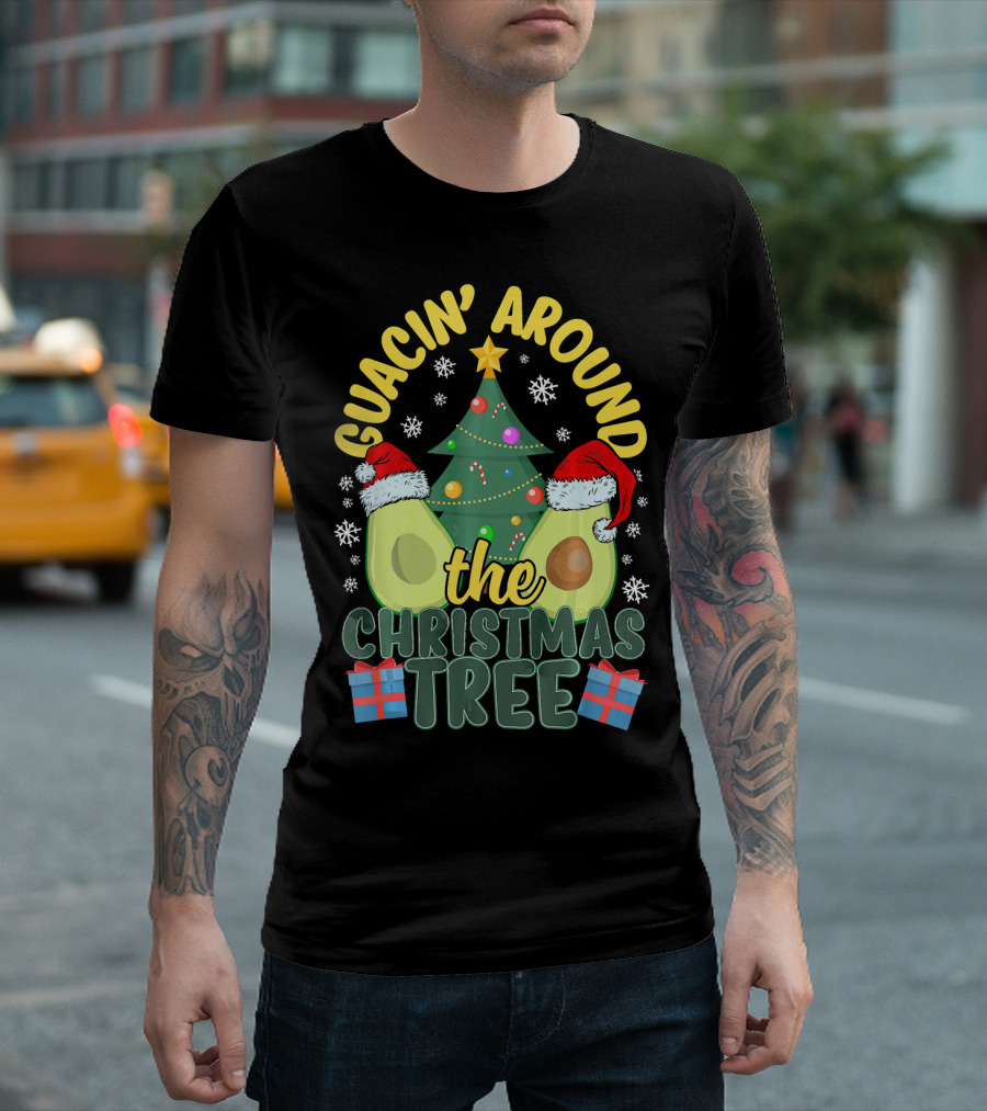 Guacin' Around the Christmas Tree Snowflakes Presents Santa Hats T-Shirt