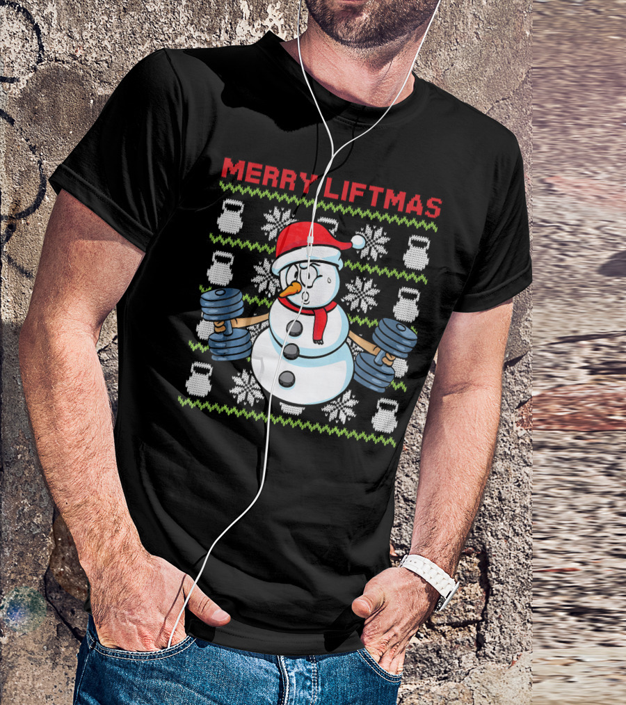Merry Liftmas Fitness Snowman Xmas Weightlifting Kettlebells T-Shirt