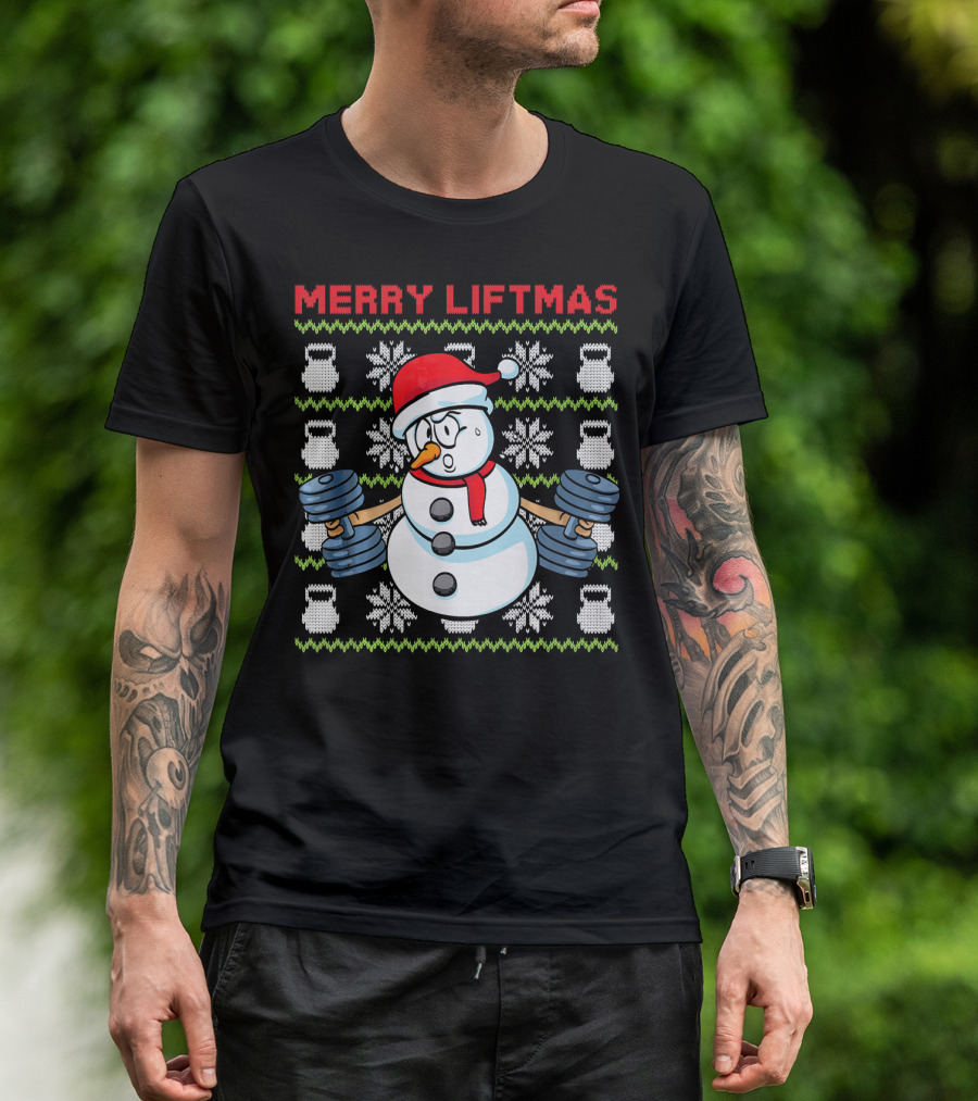 Merry Liftmas Fitness Snowman Xmas Weightlifting Kettlebells T-Shirt