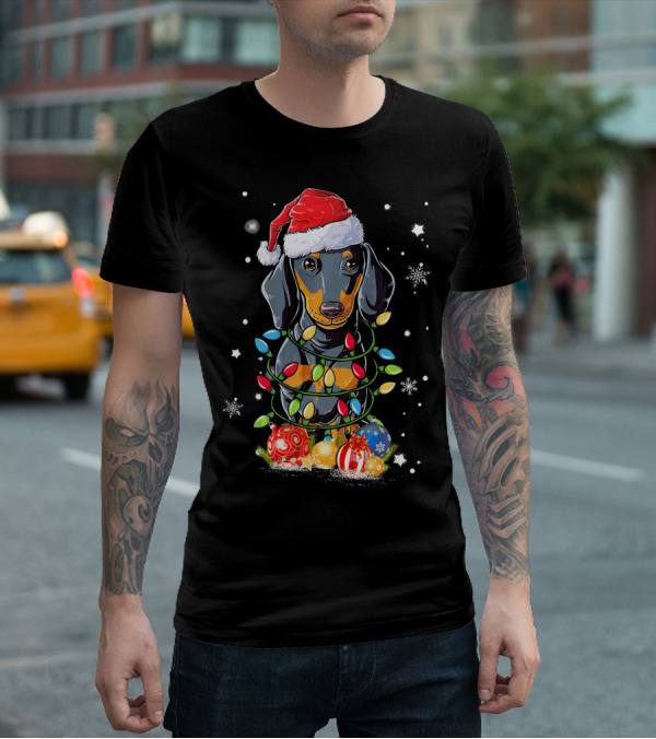 Dachshund Wrapped In Christmas Lights With Santa Hat And Ornaments T-Shirt