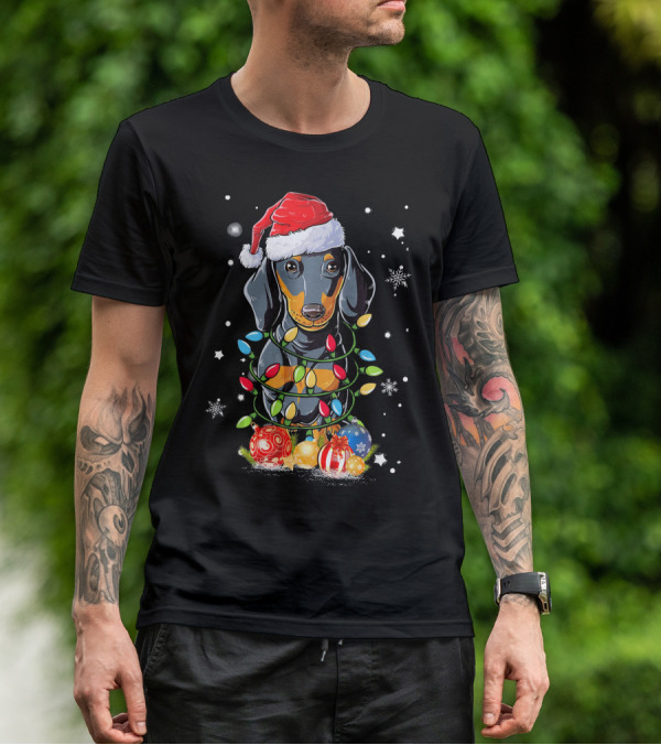 Dachshund Wrapped In Christmas Lights With Santa Hat And Ornaments T-Shirt
