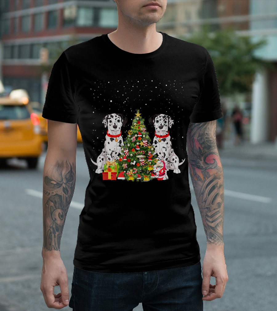 Dalmatian Christmas Tree Dalmatian Holiday Costume With Gifts And Santa T-Shirt