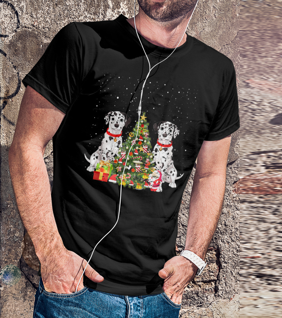 Dalmatian Christmas Tree Dalmatian Holiday Costume With Gifts And Santa T-Shirt