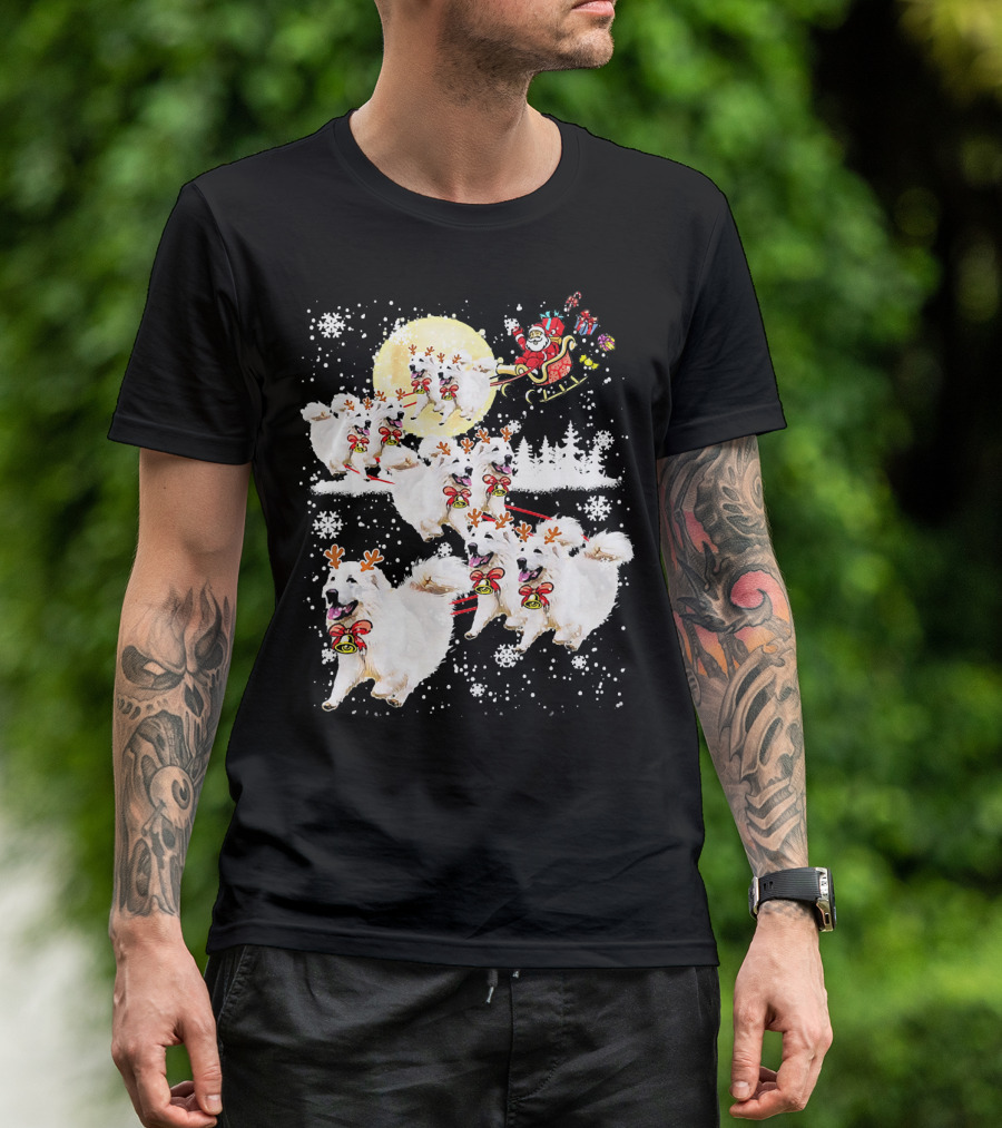 Great Pyrenees Reindeer Santa Christmas With Sleigh And Snowflakes T-Shirt