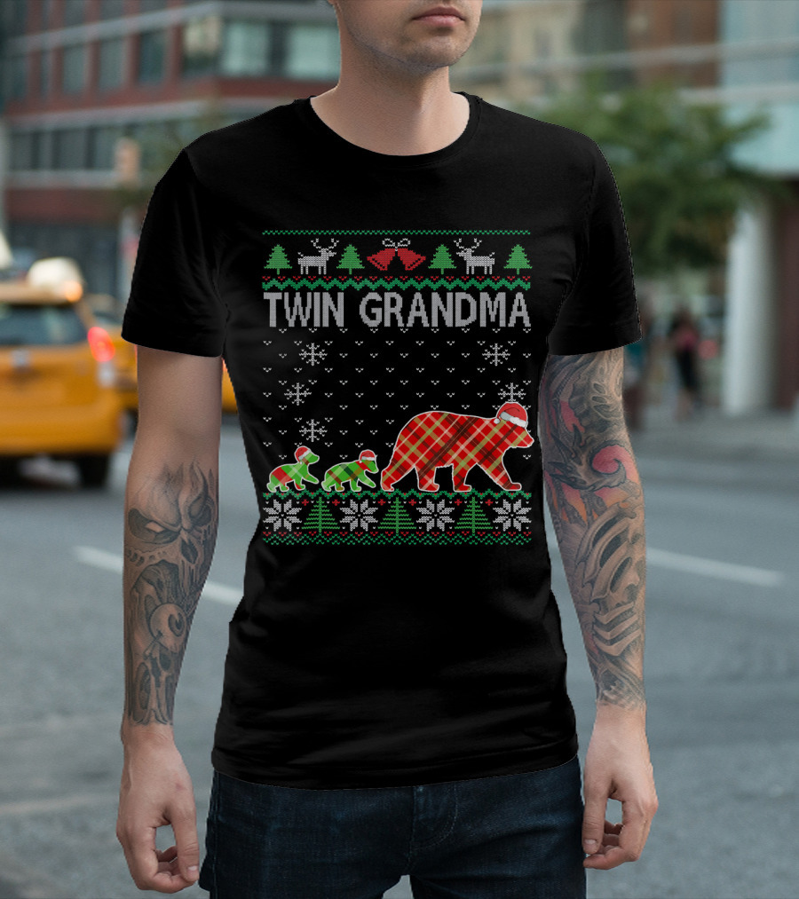 Twin Grandma Matching Ugly Christmas Plaid Bear Family Snowflakes Trees T-Shirt