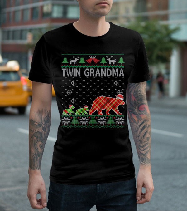 Twin Grandma Matching Ugly Christmas Plaid Bear Family Snowflakes Trees T-Shirt
