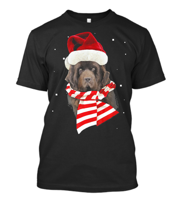 Newfoundland Santa Merry Christmas Dog With Red Hat And Scarf T-Shirt