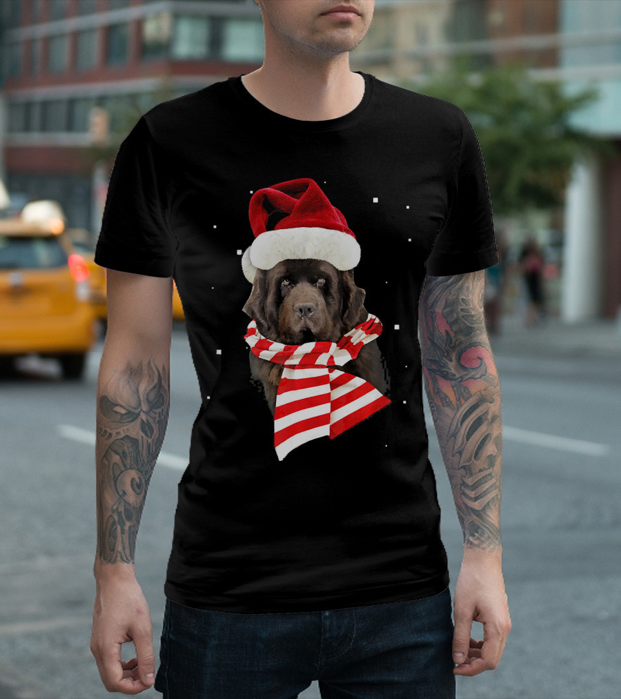 Newfoundland Santa Merry Christmas Dog With Red Hat and Scarf T-Shirt