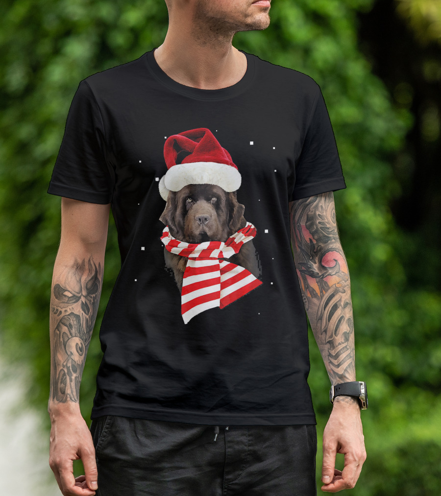Newfoundland Santa Merry Christmas Dog With Red Hat And Scarf T-Shirt