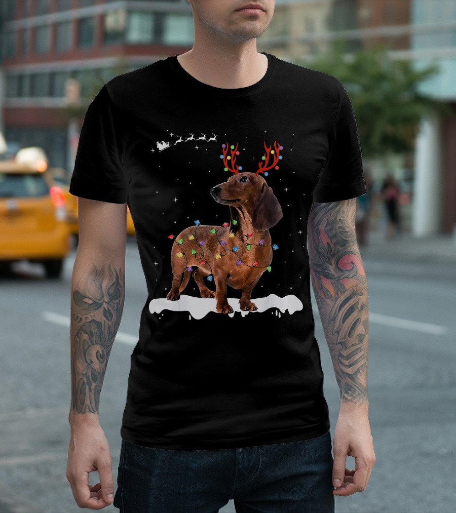Reindeer Dachshund with Holiday Lights and Santa Sleigh T-Shirt