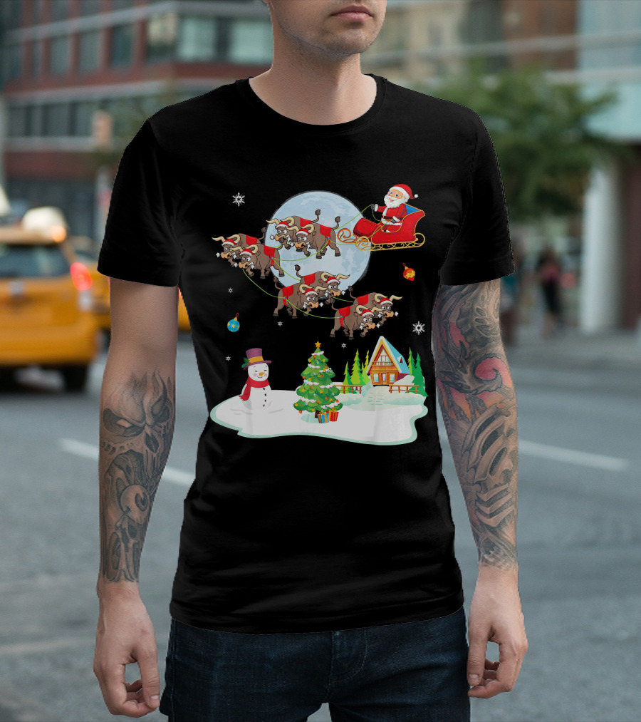 Santa Claus Buffalo Sleigh Snowman Christmas Scene T-Shirt