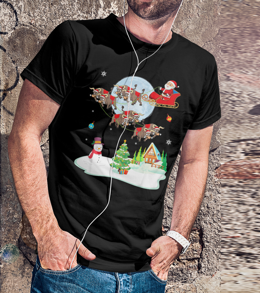 Santa Claus Buffalo Sleigh Snowman Christmas Scene T-Shirt