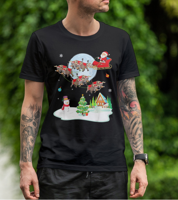 Santa Claus Buffalo Sleigh Snowman Christmas Scene T-Shirt