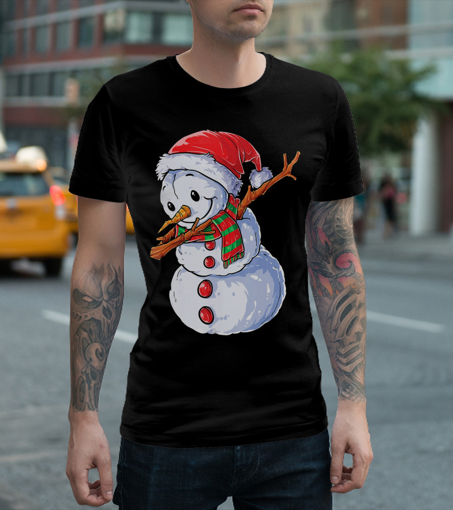 Festive Snowman with Santa Hat and Striped Scarf T-Shirt
