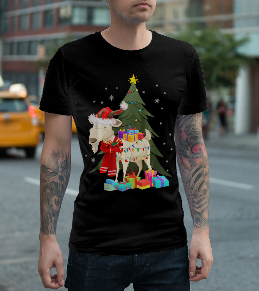 Goat Christmas Lights Funny Goat Santa Hat Presents Tree Snowflakes T-Shirt