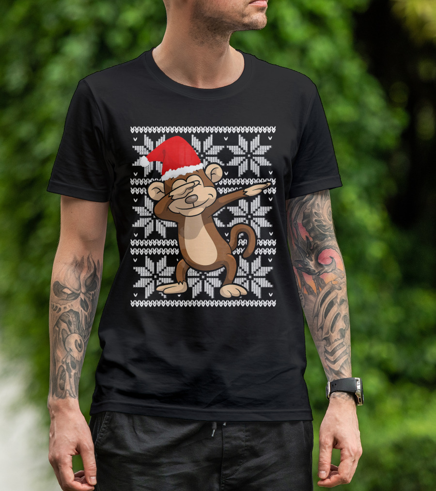 UGLY CHRISTMAS Dabbing Monkey Dab Santa Hat Snowflake T-Shirt